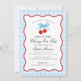 Invitación Cherry Sweet Blue Coquette Gingham Bridal Shower
