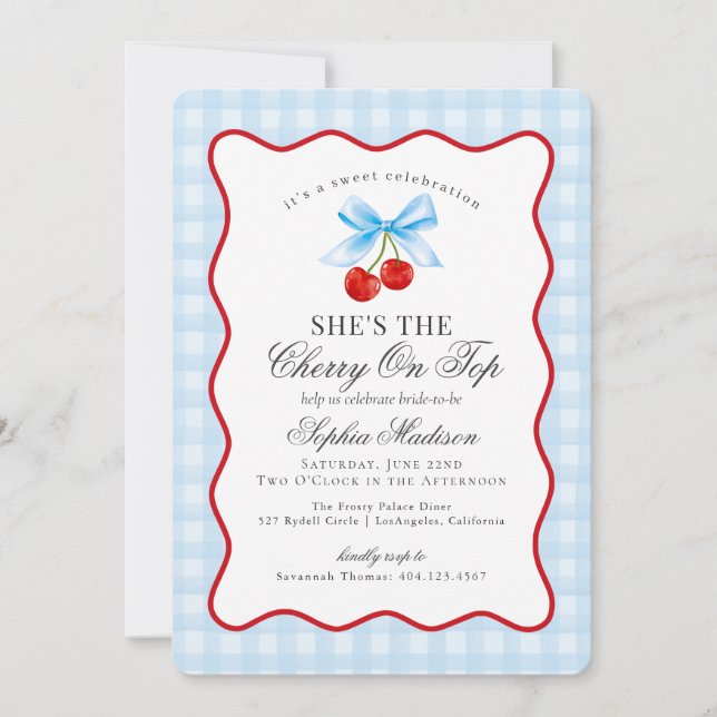 Invitación Cherry Sweet Blue Coquette Gingham Bridal Shower (Anverso)
