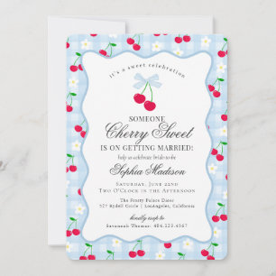 Invitación Cherry Sweet Blue Coquette Gingham Bridal Shower