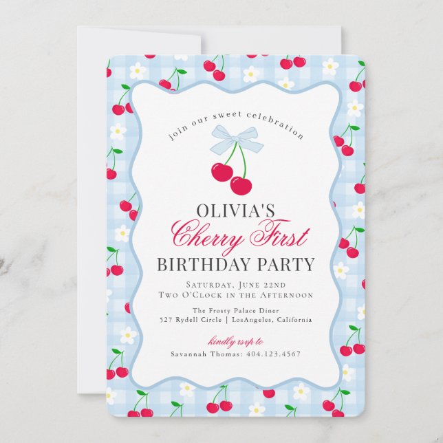 Invitación Cherry Sweet Blue Coquette Gingham Primer Cumpleañ (Anverso)