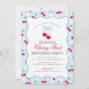 Invitación Cherry Sweet Blue Coquette Gingham Primer Cumpleañ