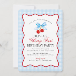 Invitación Cherry Sweet Blue Coquette Gingham Primer Cumpleañ