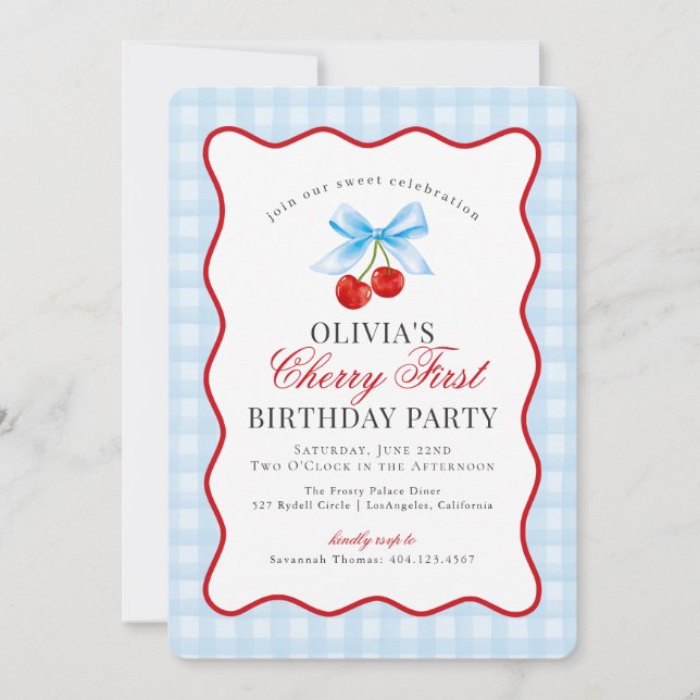 Invitación Cherry Sweet Blue Coquette Gingham Primer Cumpleañ (Anverso)
