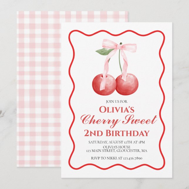 Invitación Cherry Sweet Pink Bow cumpleaños preppy (Anverso / Reverso)