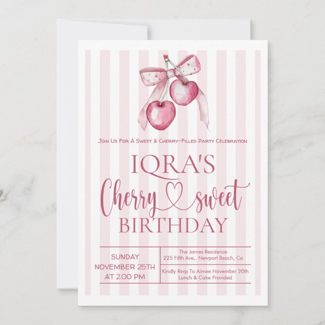 Invitación Cherry Sweet Pink Bow Girl 1st Birthday (Anverso)