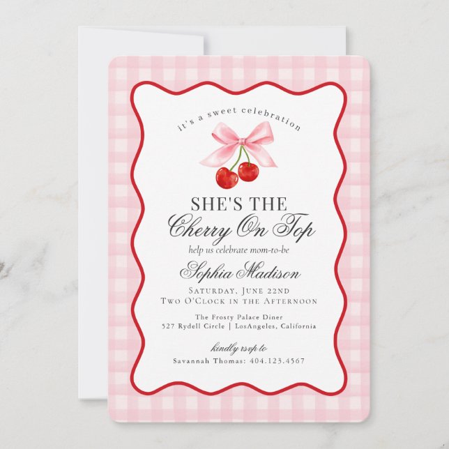 Invitación Cherry Sweet Pink Coquette Bow Gingham Baby Shower (Anverso)