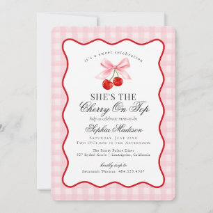 Invitación Cherry Sweet Pink Coquette Bow Gingham Baby Shower