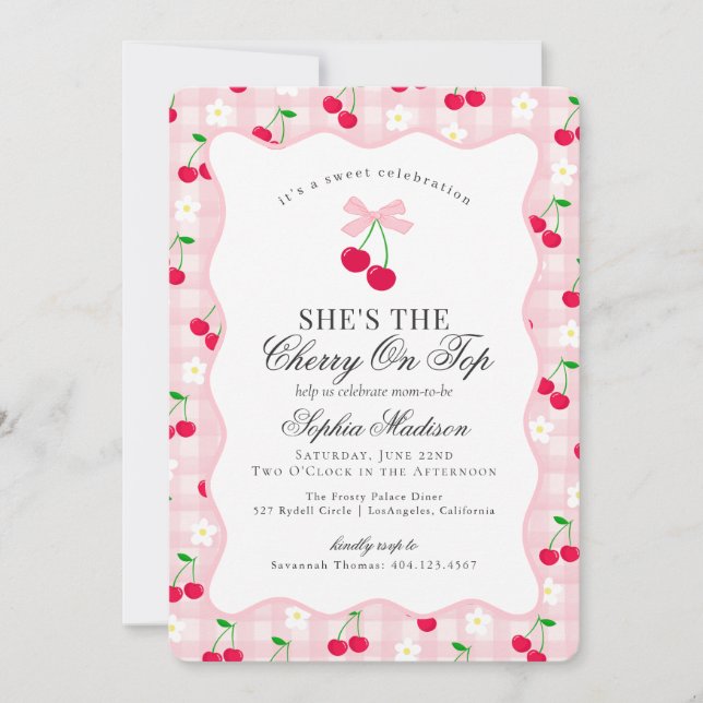 Invitación Cherry Sweet Pink Coquette Bow Gingham Baby Shower (Anverso)