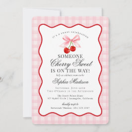 Invitación Cherry Sweet Pink Coquette Bow Gingham Baby Shower