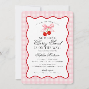 Invitación Cherry Sweet Pink Coquette Bow Gingham Baby Shower