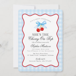 Invitación Cherry Sweet Pink Coquette Bow Gingham Baby Shower