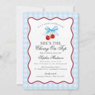 Invitación Cherry Sweet Pink Coquette Bow Gingham Baby Shower