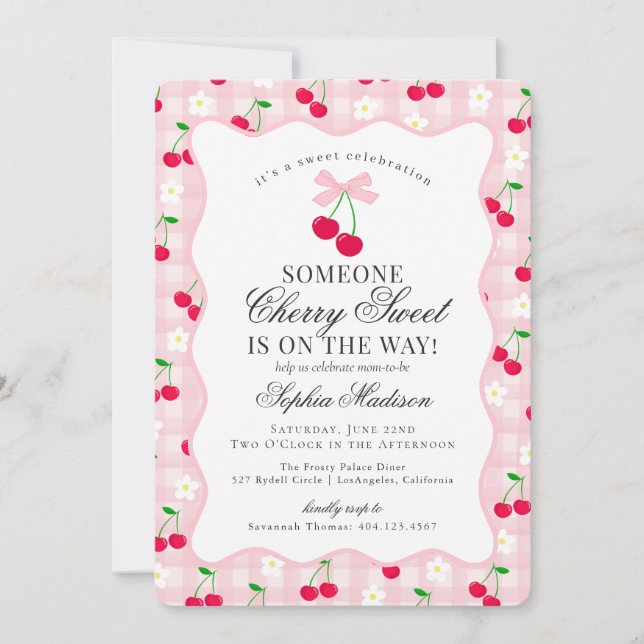 Invitación Cherry Sweet Pink Coquette Bow Gingham Baby Shower (Anverso)