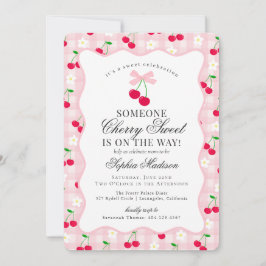 Invitación Cherry Sweet Pink Coquette Bow Gingham Baby Shower