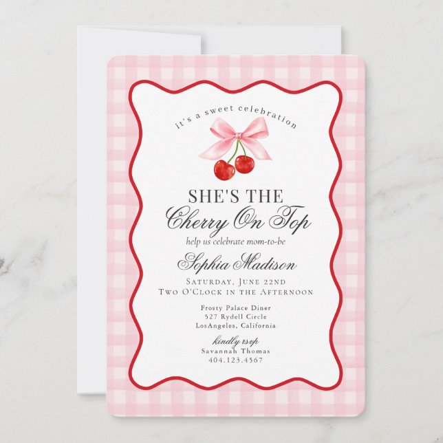 Invitación Cherry Sweet Pink Coquette Bow Gingham Baby Shower (Anverso)