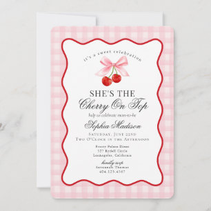 Invitación Cherry Sweet Pink Coquette Bow Gingham Baby Shower