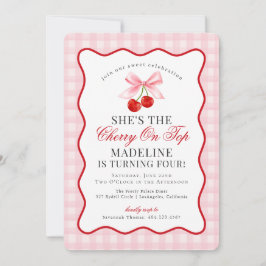 Invitación Cherry Sweet Pink Coquette Bow Gingham Cumpleaños