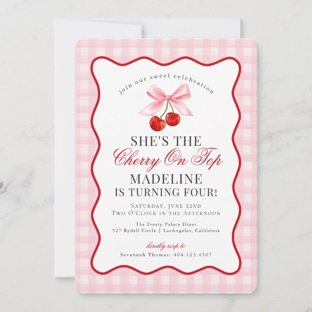 Invitación Cherry Sweet Pink Coquette Bow Gingham Cumpleaños (Anverso)