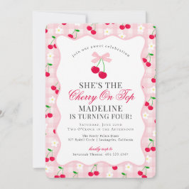 Invitación Cherry Sweet Pink Coquette Bow Gingham Cumpleaños