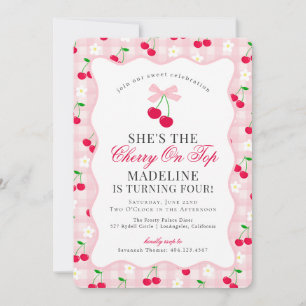 Invitación Cherry Sweet Pink Coquette Bow Gingham Cumpleaños