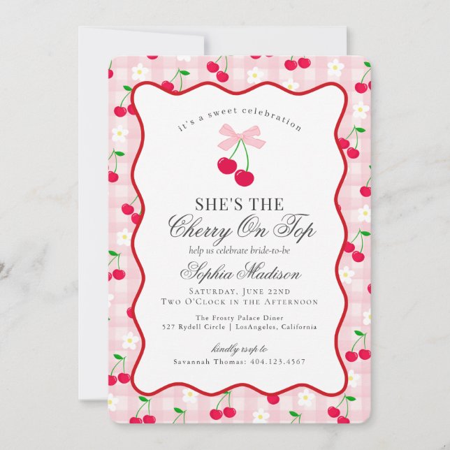 Invitación Cherry Sweet Pink Coquette Gingham Bridal Shower (Anverso)