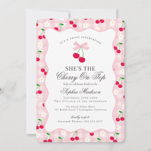 Invitación Cherry Sweet Pink Coquette Gingham Bridal Shower (Anverso)