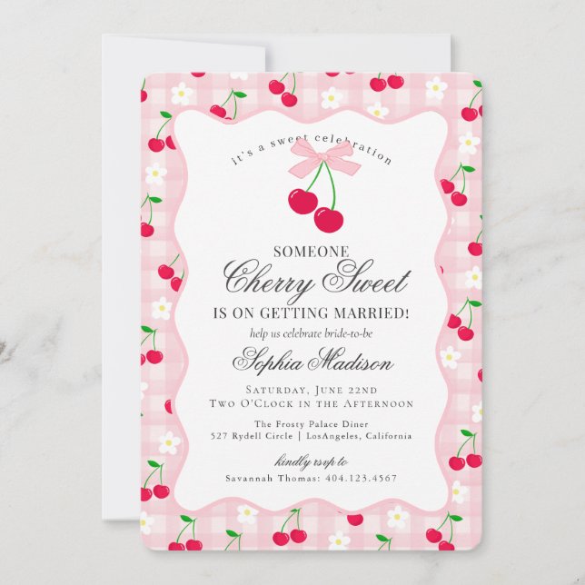 Invitación Cherry Sweet Pink Coquette Gingham Bridal Shower (Anverso)