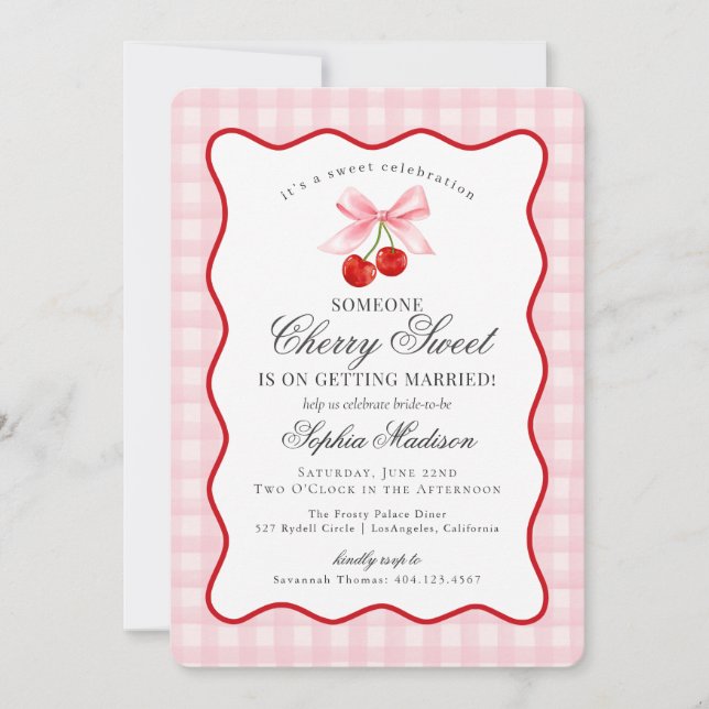 Invitación Cherry Sweet Pink Coquette Gingham Bridal Shower (Anverso)