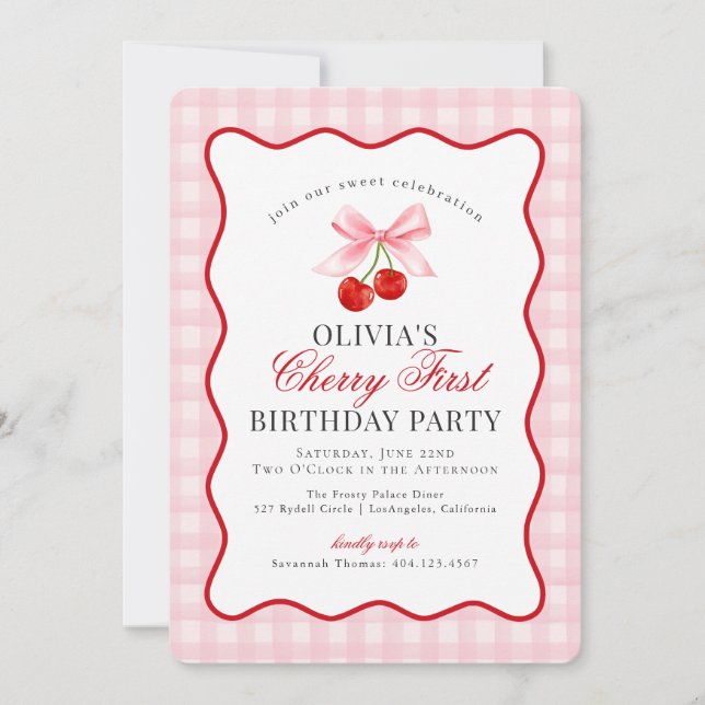 Invitación Cherry Sweet Pink Coquette Gingham Primer Cumpleañ (Anverso)