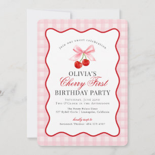 Invitación Cherry Sweet Pink Coquette Gingham Primer Cumpleañ