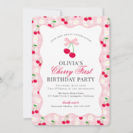 Invitación Cherry Sweet Pink Coquette Gingham Primer Cumpleañ