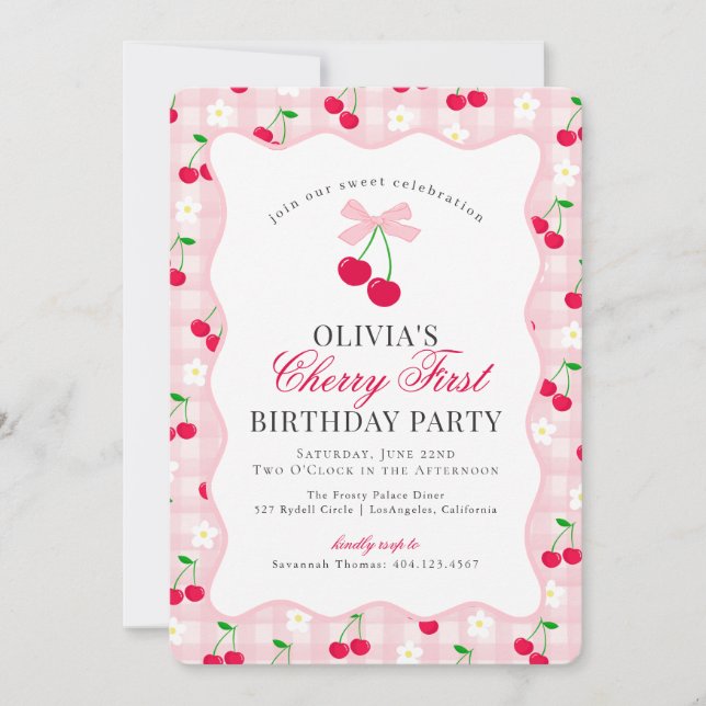 Invitación Cherry Sweet Pink Coquette Gingham Primer Cumpleañ (Anverso)