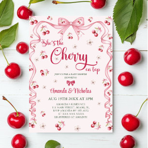 Invitación Cherry Top Lazo Rosa Niña Baby Shower 