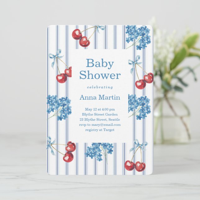 Invitación Cherry y Hortensias Baby Shower (Anverso de pie)