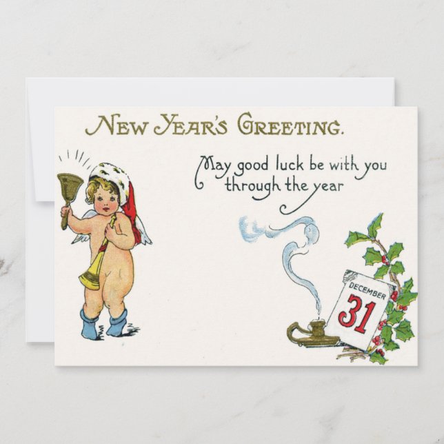 Invitación Cherub Angel Holly Calendar Bell Horn (Anverso)