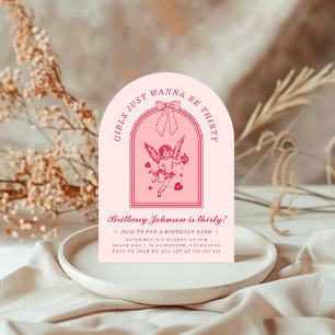 Invitación Cherub & Pink Bow Coquette Moderno 30 cumpleaños