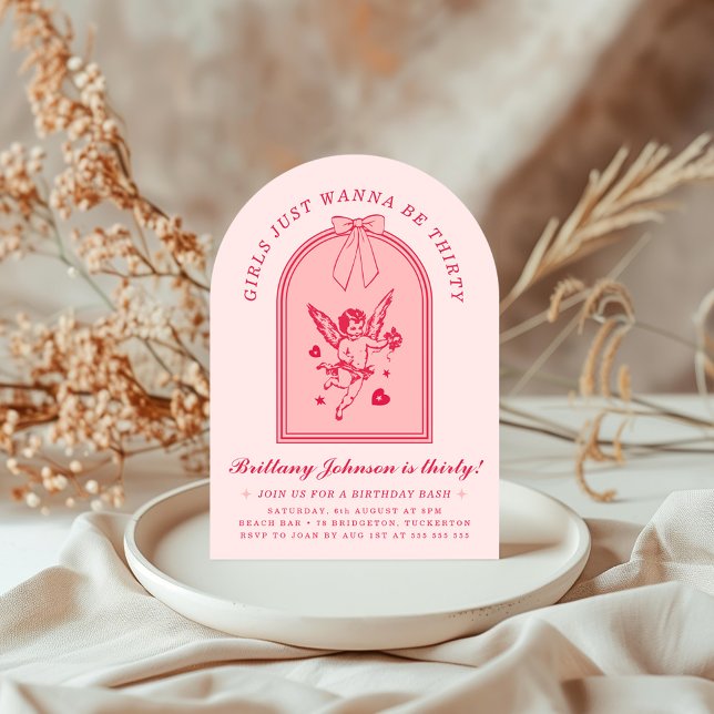 Invitación Cherub & Pink Bow Coquette Moderno 30 cumpleaños (Subido por el creador)