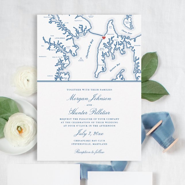 Invitación Chesapeake Bay Beach Club Boda elegante de la Mari (Chesapeake Bay Beach Club Wedding Invitation with Elegant Navy Blue Stevensville Maryland Map )