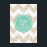 Invitación Chevron 90th Birthday Celebration Choose Color<br><div class="desc">Elegante y de moda invitación a la fiesta de cumpleaños 90 con chevron texturizado y un círculo en su centro. El color del círculo es un bonito verde azul acuático de menta. Leer es blanco. Puede cambiar fácilmente el color de fondo (círculo y reverso de la tarjeta) y el texto...</div>