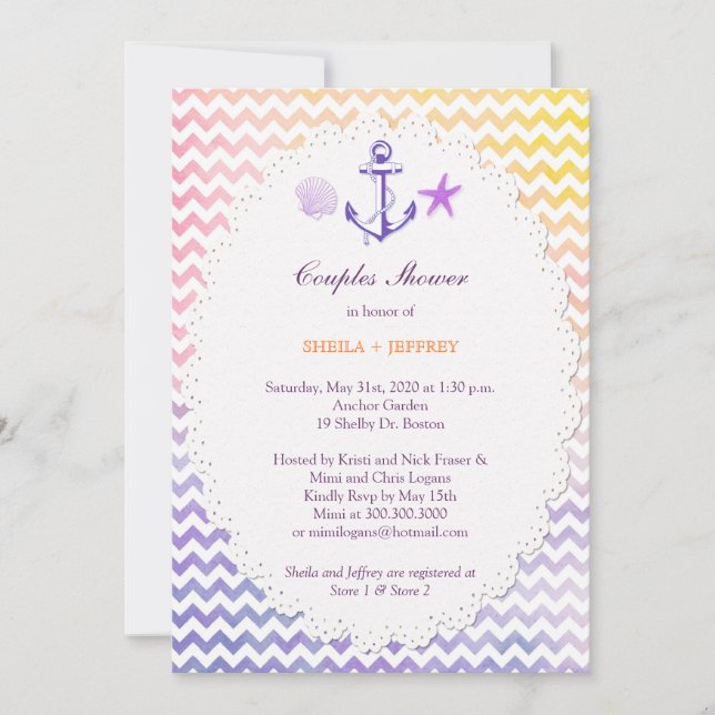 Invitación Chevron arcoiris Ducha de Parejas Náuticas (Anverso)
