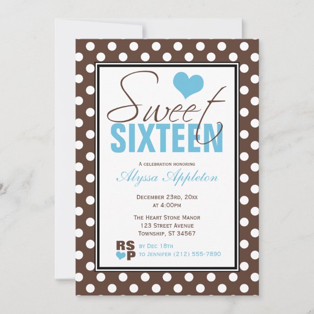 Invitación Chevron azul de polka marrón dulce dieciséis (Anverso)