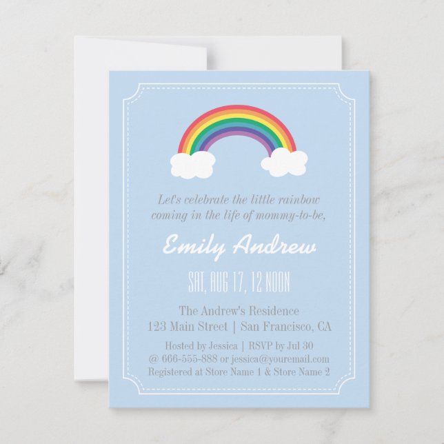Invitación Chevron azul y blanco, arco iris Baby Shower (Anverso)