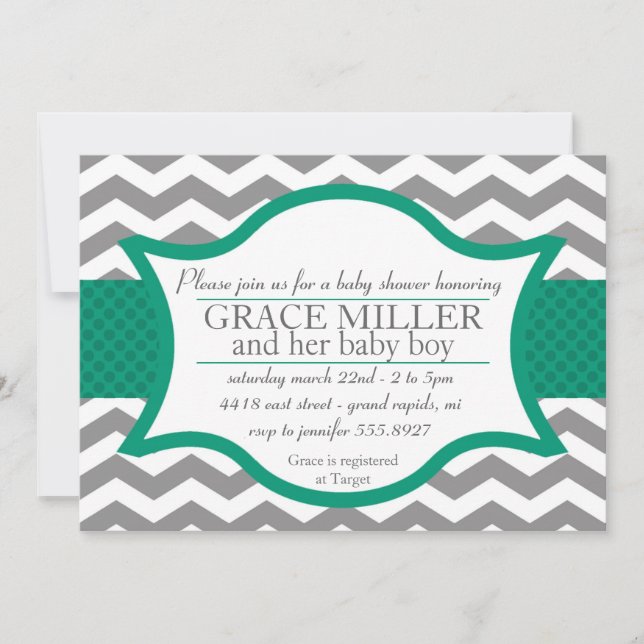 Invitación Chevron Baby Shower invita. Gris y jade (Anverso)