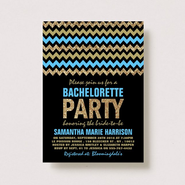 Invitación Chevron Bachelorette Party, Purpurina Azul y Oro (Subido por el creador)