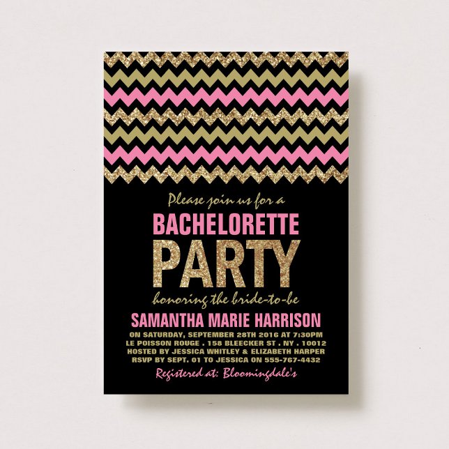 Invitación Chevron Bachelorette, Purpurina Rosa y Oro (Subido por el creador)