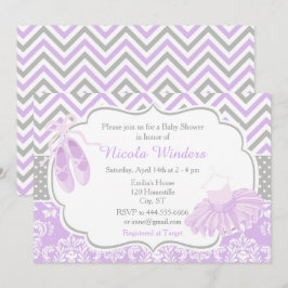 Invitación Chevron Ballerina Baby Shower morado y gris