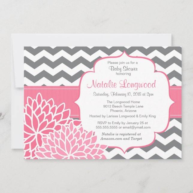 Invitación Chevron Bebé floral o ducha de novia rosa caliente (Anverso)