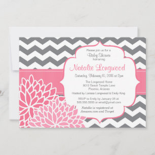 Invitación Chevron Bebé floral o ducha de novia rosa caliente