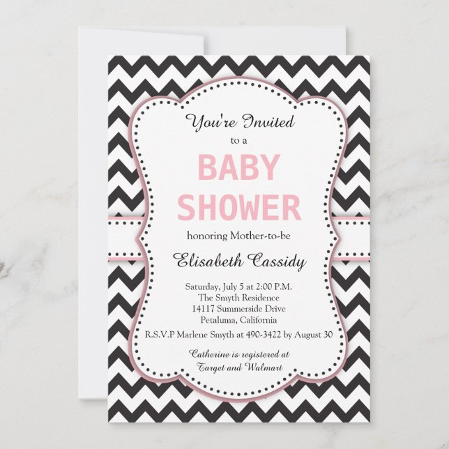 Invitación Chevron blanco y negro, rosa, Baby Shower (Anverso)