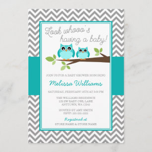Invitación Chevron Boy Chevron Gris de Lechuza Azul verde azu